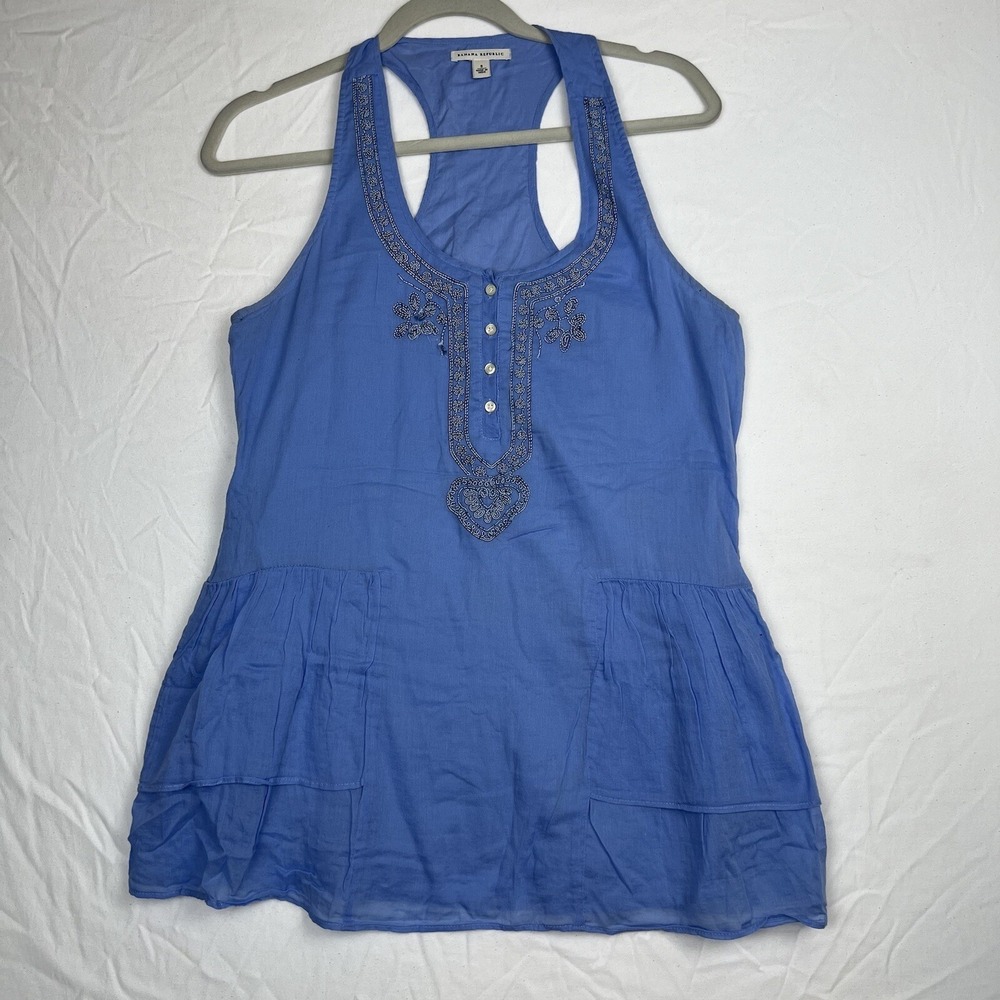 Banana Republic Blue Embroidered Racerback Tank Top Tiered Ruffle Hem Small